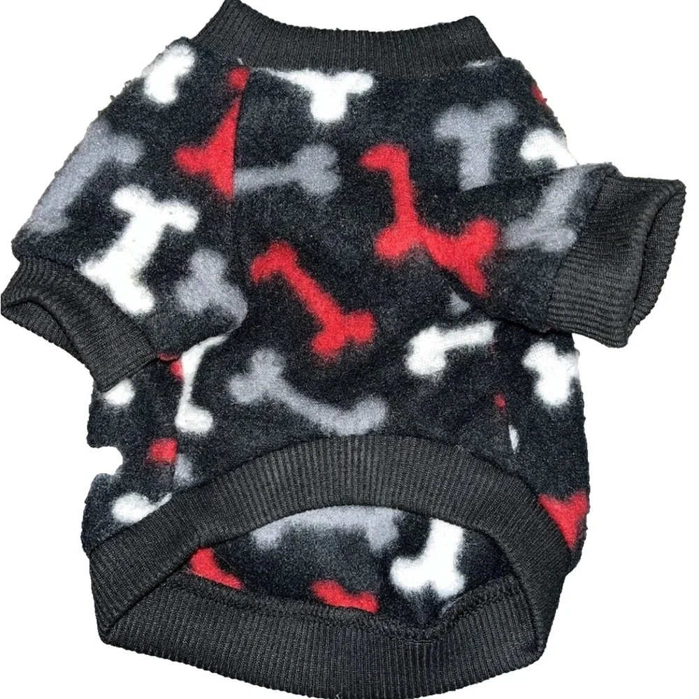 Puppy Fleece Sweater Black,Red & Gray Bone Pattern XS